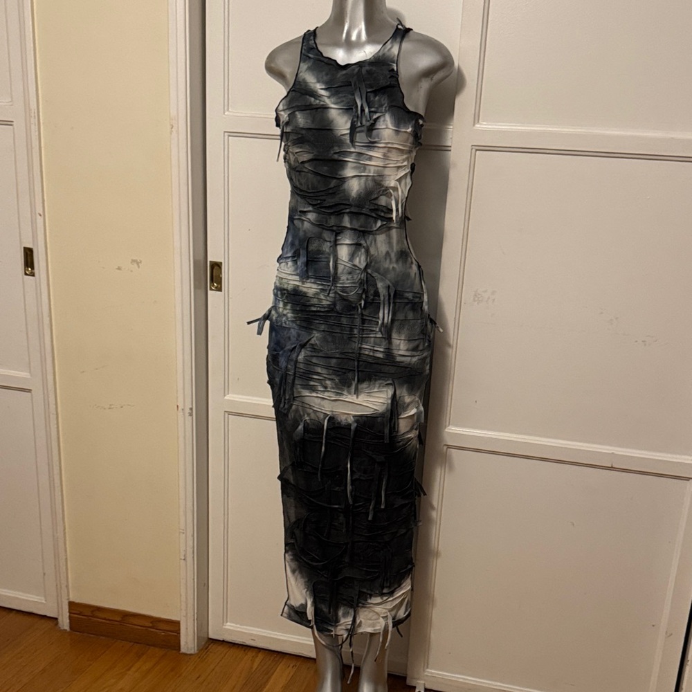 Tie-Dye Black & White Sleeveless Midi Dress S